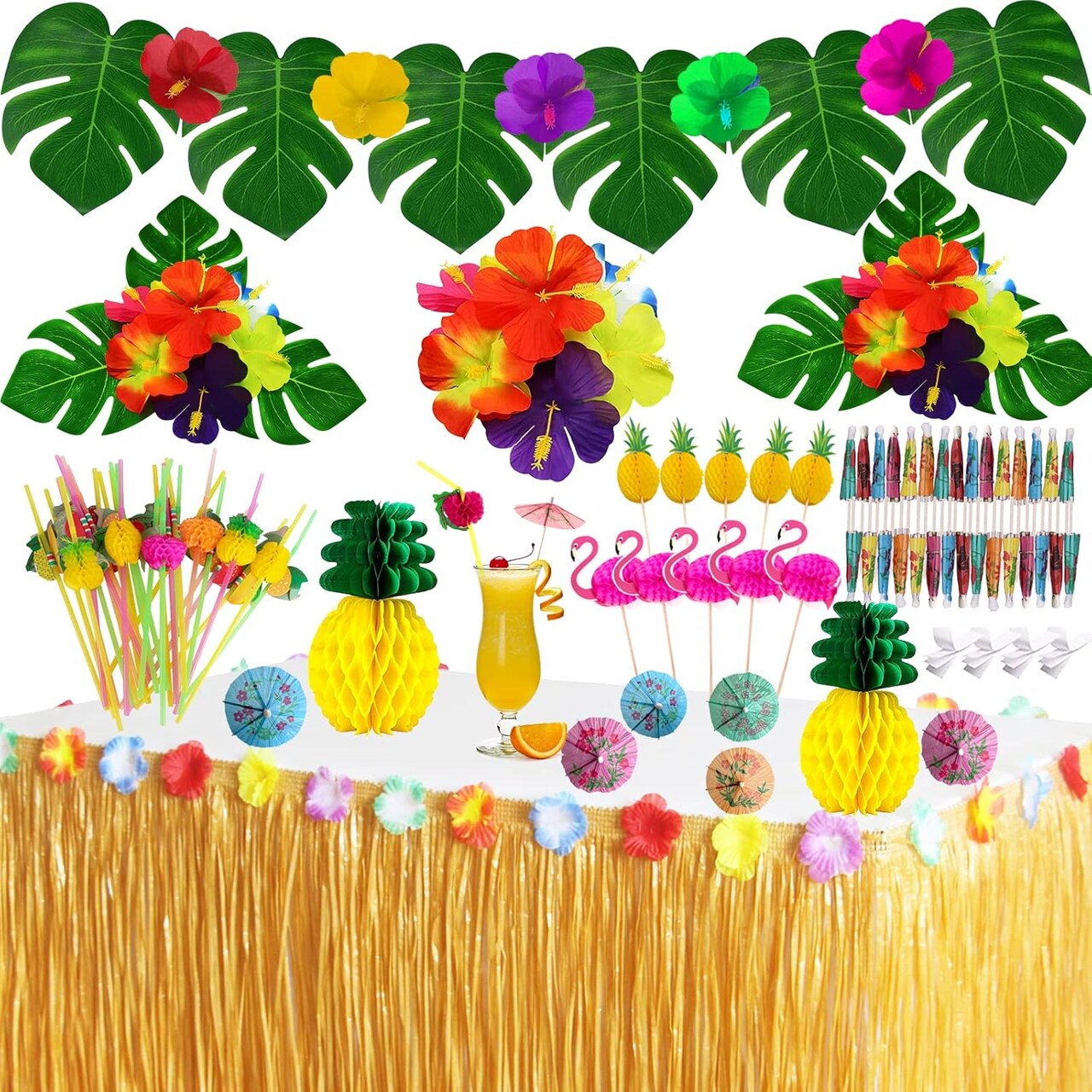 Tropical Luau Party Decorations Set Hawaiian Beach,9ft Luau Grass Table Skirt